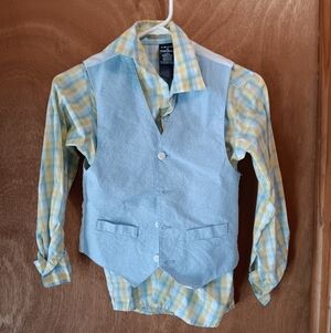 Izod  Boys Light Blue Vest with Yellow Plaid Button-Down Shirt And Pants